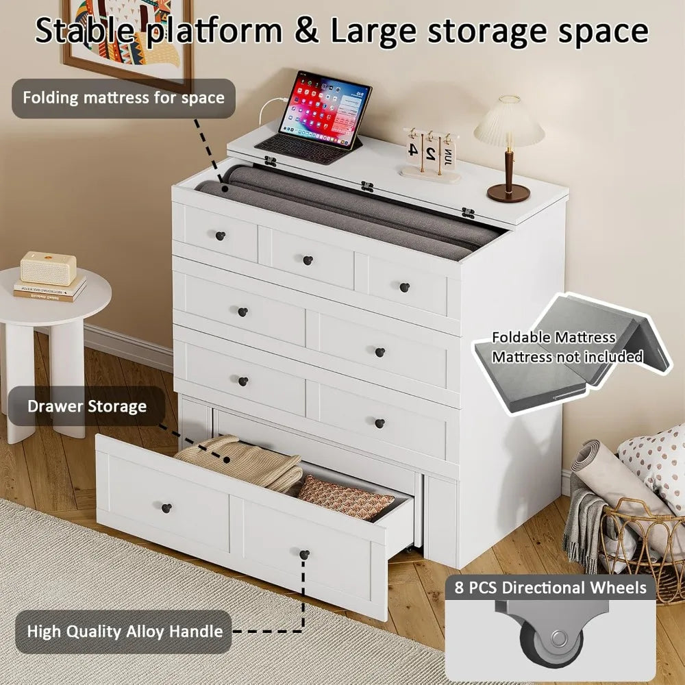 Twin Murphy Bed with Built-in Charging Station, Space-Saving Murphy Bed Chest Twin with Drawer, Foldable, for Home Office Guest