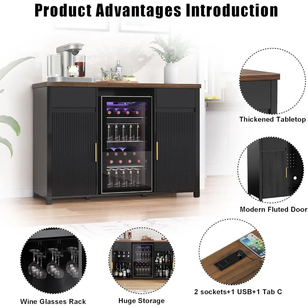 Large coffee bar cabinet with fridge and wine storage, fluted buffet sideboard for home
