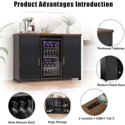 Large coffee bar cabinet with fridge and wine storage, fluted buffet sideboard for home