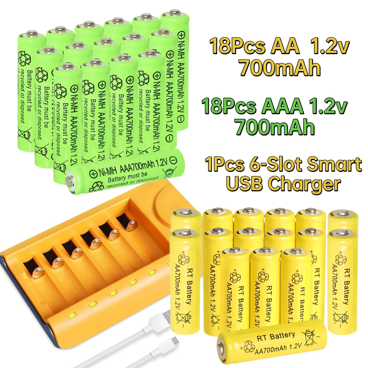 Skywolfeye 30pcs/24pcs/18pcs/12pcs/6pcs AA AAA NiMh 1.2V 700mah Rechargeable Battery Set with 6 Slot Battery Charger