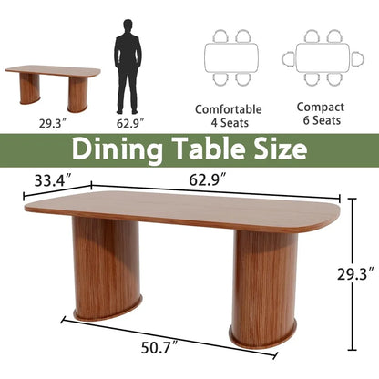 63 inch Rectangular Dining Table for 6, Kitchen Table Dinner Table with Cylindrical Base, Safe Rounded Edge Farmhouse Dining Tab