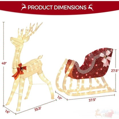 Yaheetech Pre-lit Reindeer & Sleigh Set, 4ft Light-up Christmas Decorations Set w/ 360 LED Lights/Stakes/ZipTies for Outdoor/Ind
