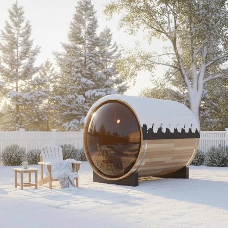 Outdoor Panoramic Barrel Sauna, 4-6 Person Wooden Sauna Room 220V with 6KW Electric Heater and Full Accessories