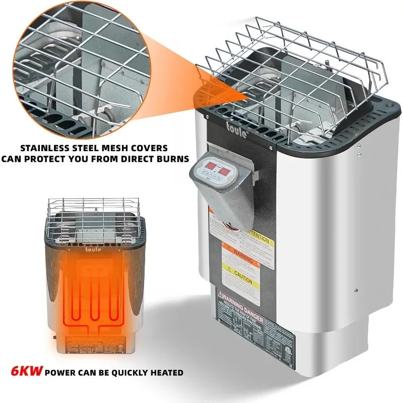 6x6FT Outdoor Barrel Sauna Room, Canadian Hemlock Wood 6KW Family Sauna for 4-6 People with Electric Heater