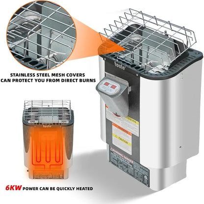 6x6FT Outdoor Barrel Sauna Room, Canadian Hemlock Wood 6KW Family Sauna for 4-6 People with Electric Heater