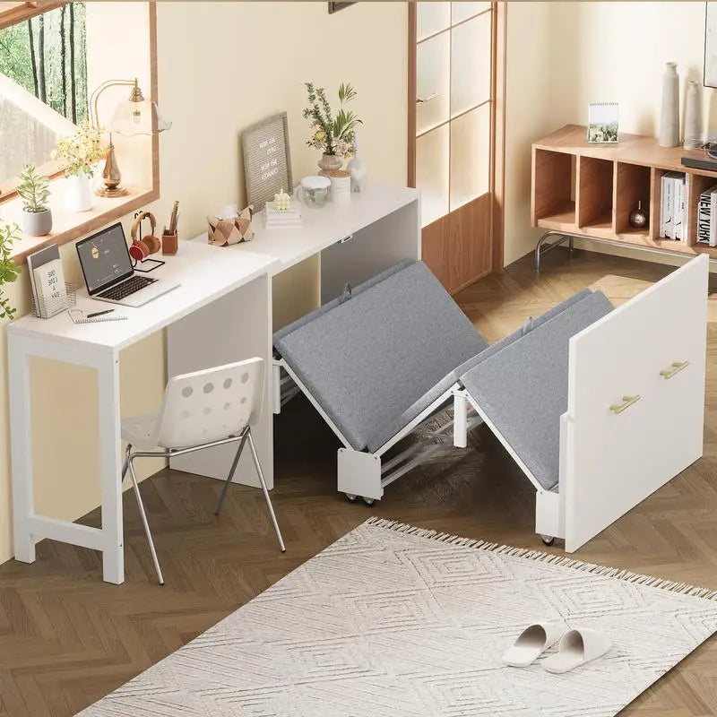 Murphy Cabinet Bed Twin Size with Adjustable Desk, Foldable Cushion Chest Dresser for Guest Room in Small Spaces, White Finish