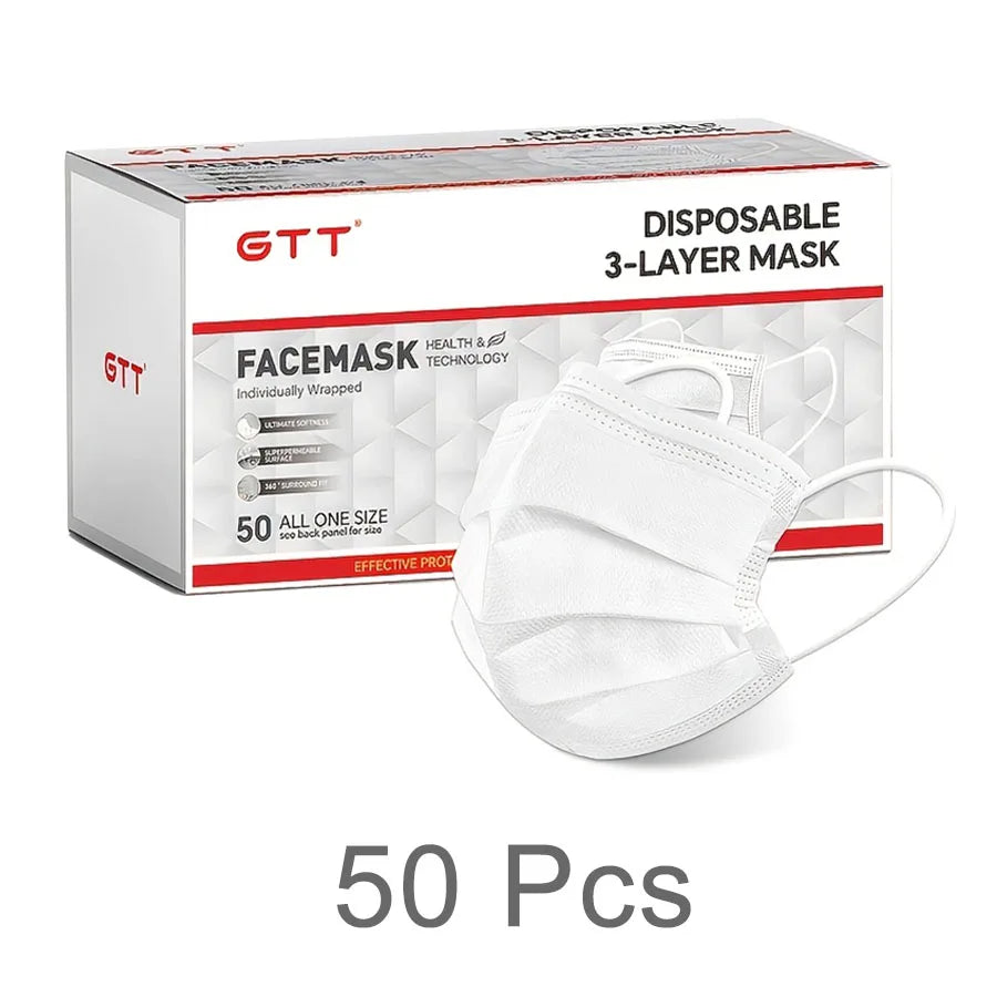 GTT 50/100Pcs Disposable Face Mask individually packaged 3 Ply breathable Earloop Protective Mask for Home School Office Outdoor