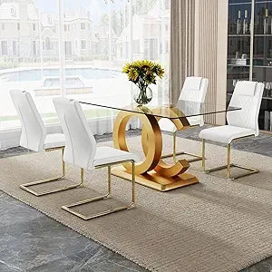 Modern Dining Table Set for 4 ，5 Piece Dining Table Chairs Set for 4,Glass Table Top and MDF Base，Rectangular Dining Room Table