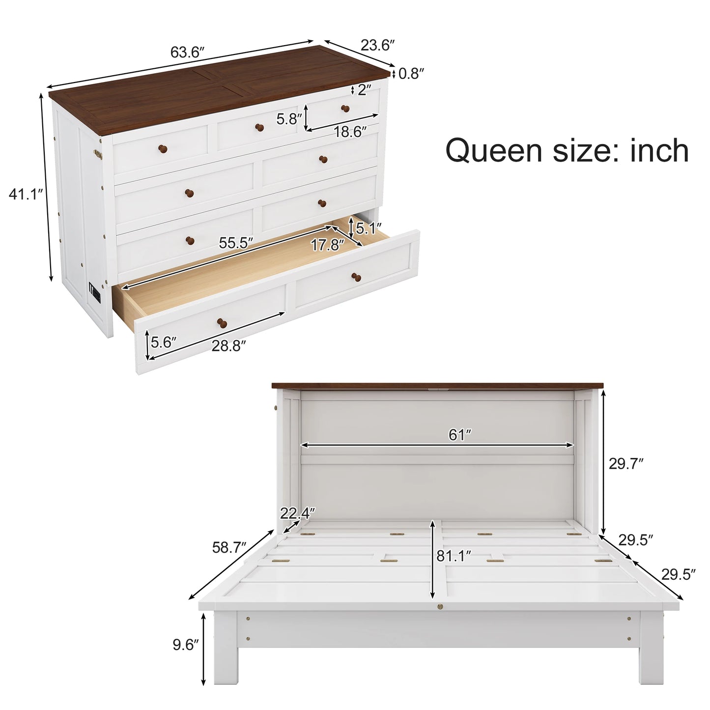 Solid Pine Murphy Bed Chest with Charging Station and Large Storage Drawer, Queen sized mattress