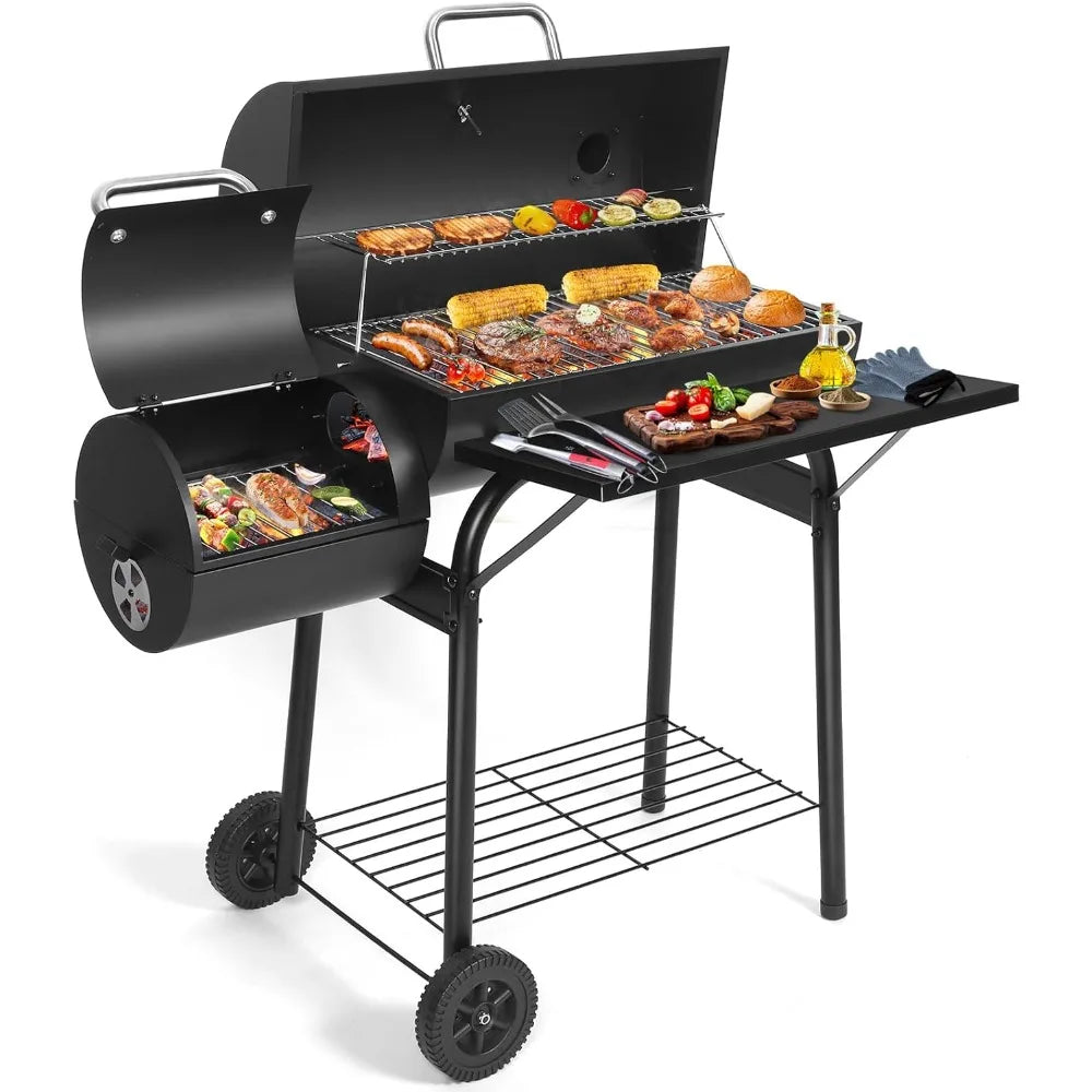Outdoor Charcoal BBQ Grill and Smoker with Large Cooking Space - Barrel Combo for Backyard Cooking