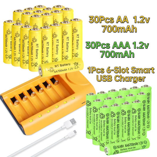Skywolfeye 30pcs/24pcs/18pcs/12pcs/6pcs AA AAA NiMh 1.2V 700mah Rechargeable Battery Set with 6 Slot Battery Charger