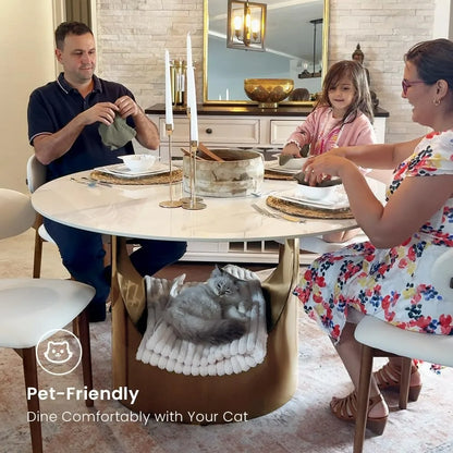 59" Round Dining Table for 4-6, Glossy White Sintered Stone Dining Tabletop with Bronze Carbon Steel Pedestal, Modern Dining Ro