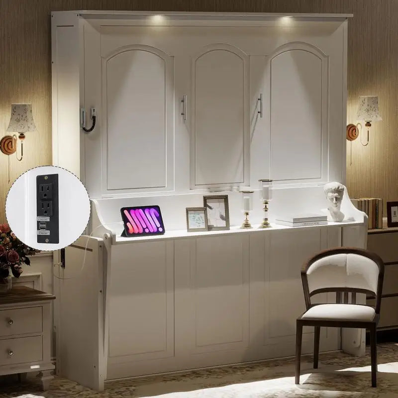 Queen Size Murphy Bed with Desk, LED Lighting and USB Charging Station, White Finish