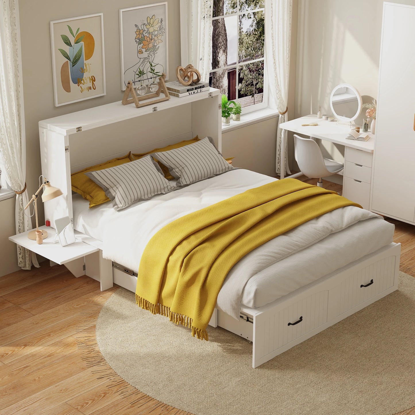 FUFU&GAGA Murphy Bed with Storage Drawer, Foldable Bed Cabinet with Built-in Nightstands for Bedroom Guest Room, White