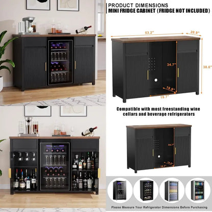 Large coffee bar cabinet with fridge and wine storage, fluted buffet sideboard for home