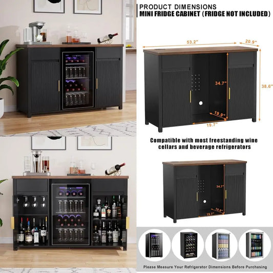 Large coffee bar cabinet with fridge and wine storage, fluted buffet sideboard for home