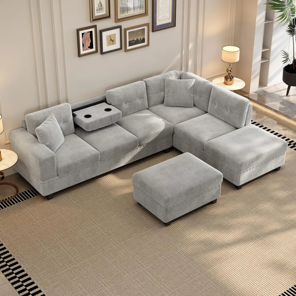 Modern Sectional Sofa with Storage Ottoman with 2 Pillows and 2 Cup Holders