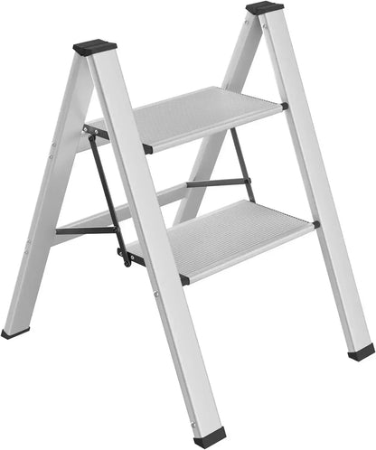 Step Ladder Aluminum Folding Step Stool W/ Wide Anti-Slip Pedal Home Office Lightweight Portable Stepladder (Silver,black)