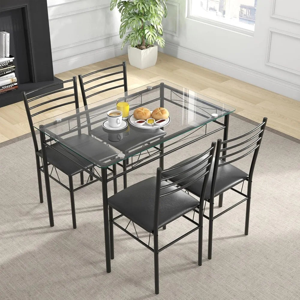 5 Piece Dining Table Set, Kitchen Dining Set with Tempered Glass Table Top and 4 Upholstered Chairs, Dinette Set for 4 for Brea