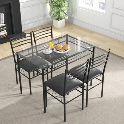 5 Piece Dining Table Set, Kitchen Dining Set with Tempered Glass Table Top and 4 Upholstered Chairs, Dinette Set for 4 for Brea