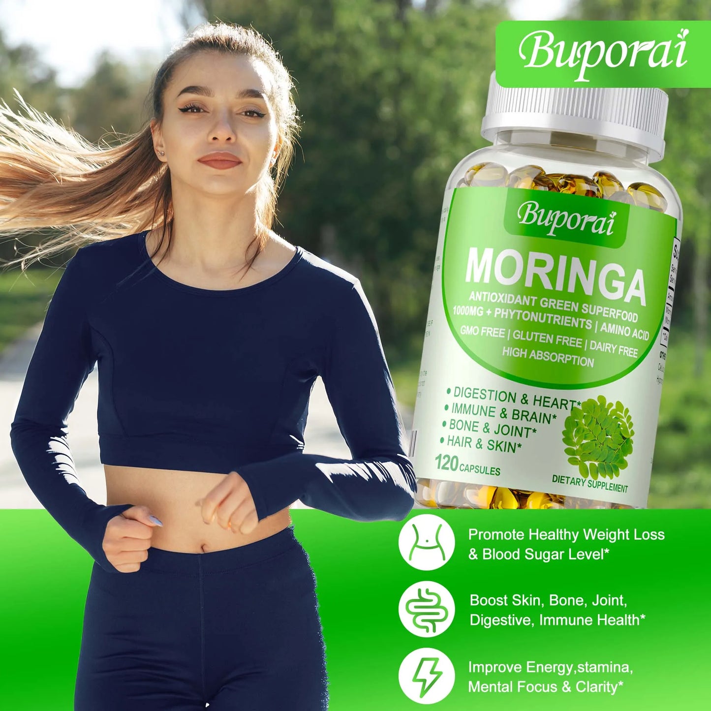 Moringa - Metabolism Natural Anti-inflammatory Fat Burn,Helps Detox,  Immune System Health - 120 Capsules