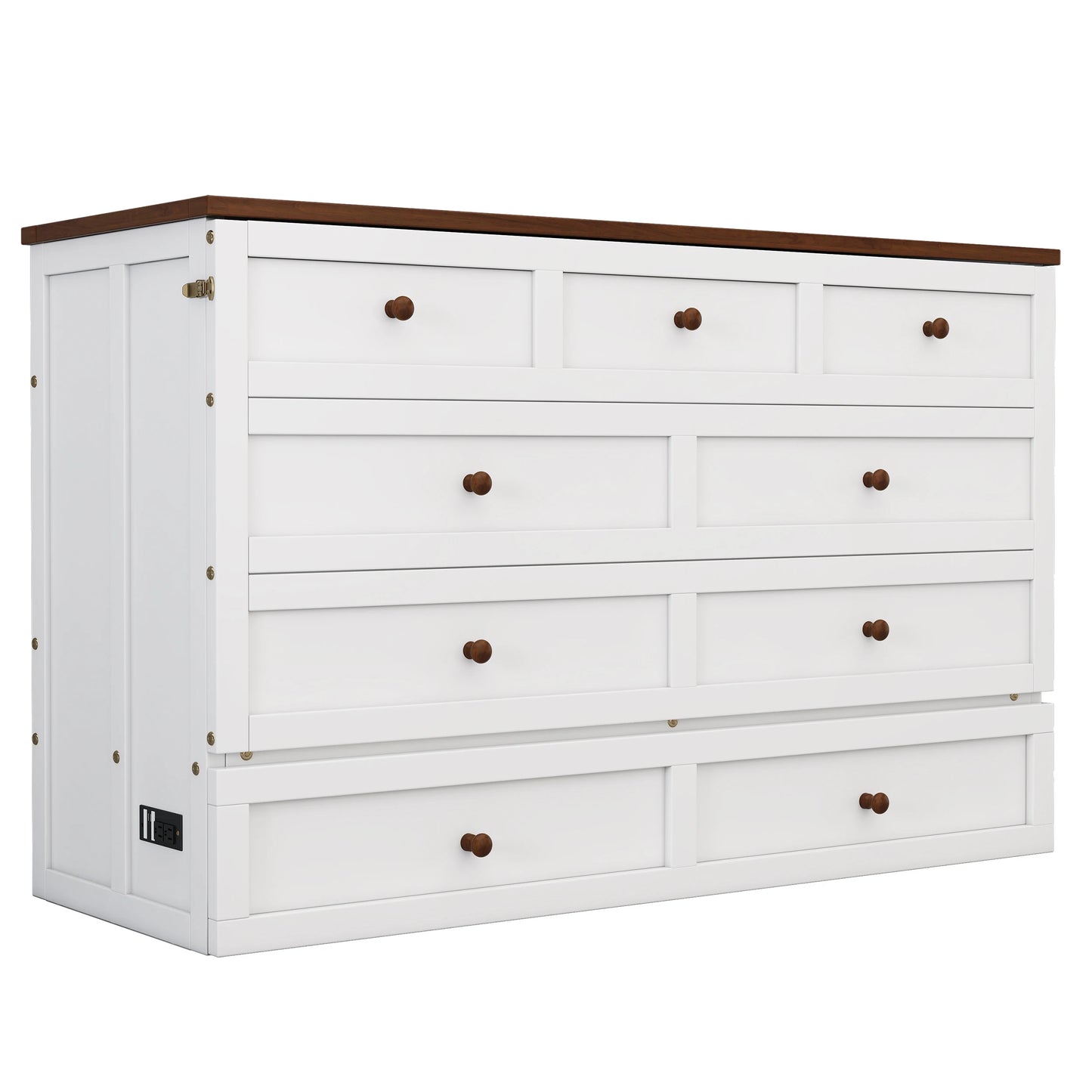 Solid Pine Murphy Bed Chest with Charging Station and Large Storage Drawer, Queen sized mattress