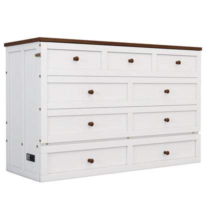 Solid Pine Murphy Bed Chest with Charging Station and Large Storage Drawer, Queen sized mattress