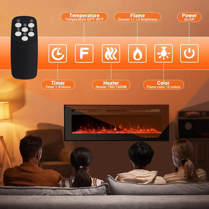 60" Electric Fireplace, 3.85" Ultra-Thin Recessed & Wall Mounted Fireplace, 1500w Heater (5120BTU), 12 LED Flame Colors
