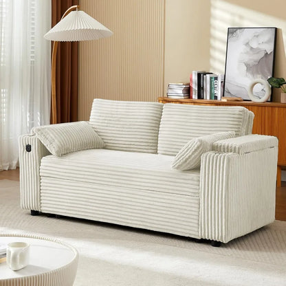 Loveseat, 68.11" Corduroy Sleeper Chair Bed with USB Port, Cup Holders & Side Storage Pockets – 3-in-1 Foldable Sofa Bed for Guest Room