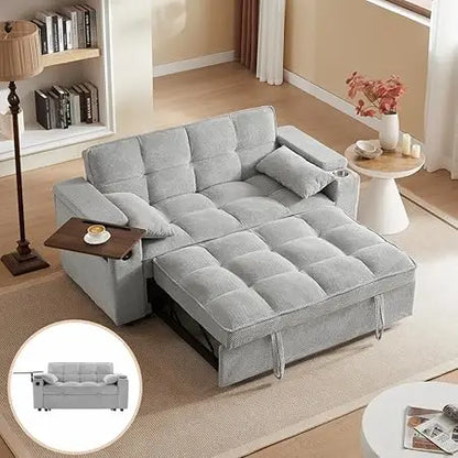 Loveseat, 68.11" Corduroy Sleeper Chair Bed with USB Port, Cup Holders & Side Storage Pockets – 3-in-1 Foldable Sofa Bed for Guest Room