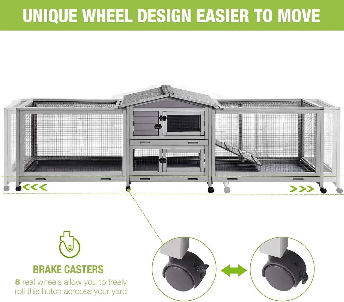 Rabbit Hutch Bunny Cage Indoor & Outdoor Rabbit Cage on Wheels, Guinea Pig Cage with 4 Deep No Leakage Pull Out Trays - 93.7"
