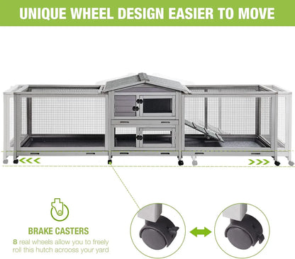 Rabbit Hutch Bunny Cage Indoor & Outdoor Rabbit Cage on Wheels, Guinea Pig Cage with 4 Deep No Leakage Pull Out Trays - 93.7"