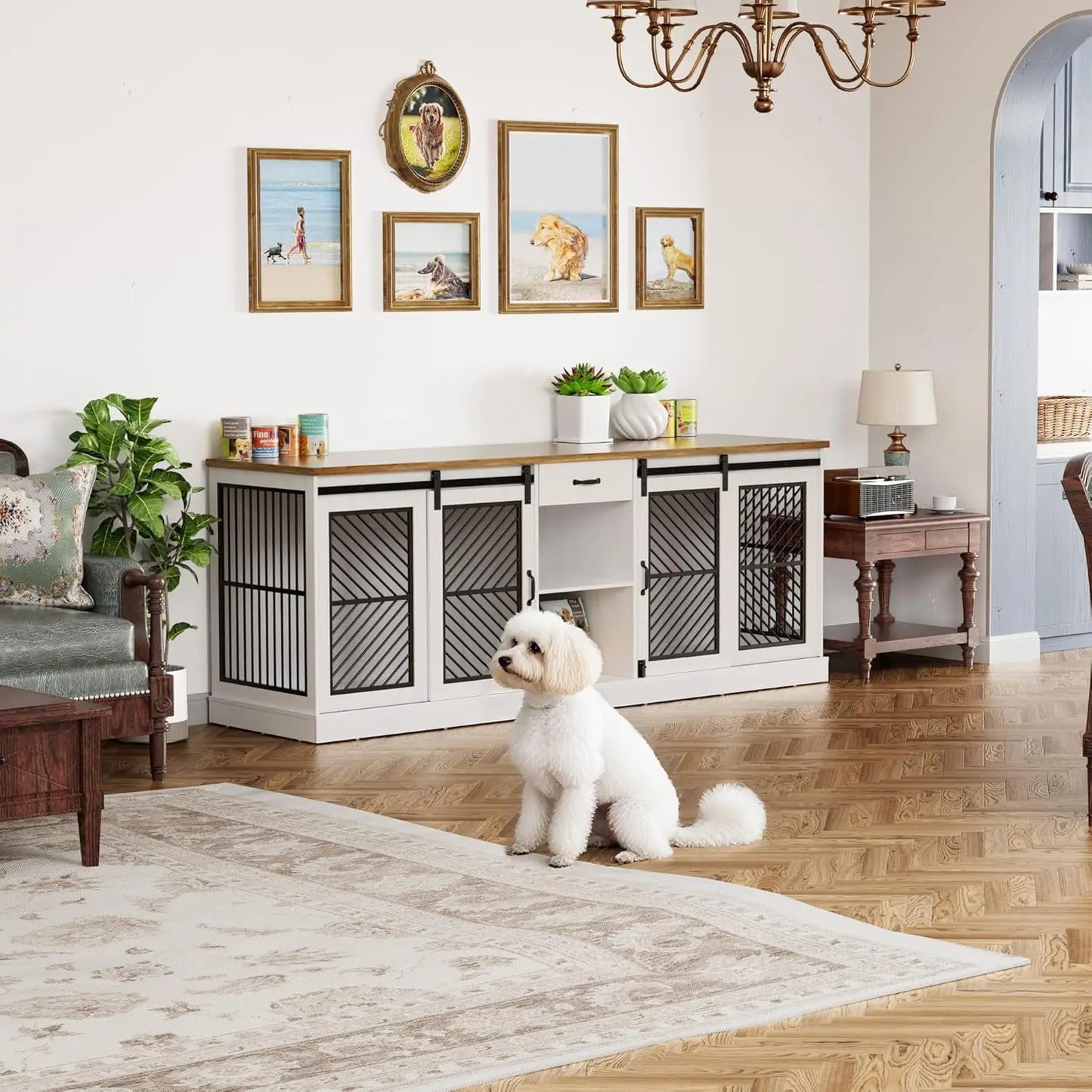 86.6" Dog Crate Furniture for 2 Dogs,Dog Kennel Indoor,Heavy Duty Dog House as Entertainment Center,White