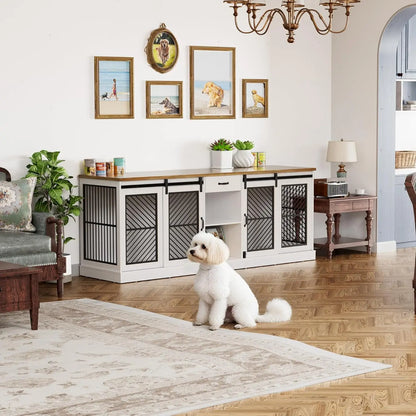86.6" Dog Crate Furniture for 2 Dogs,Dog Kennel Indoor,Heavy Duty Dog House as Entertainment Center,White