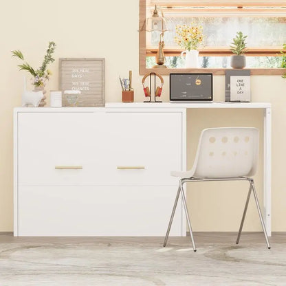 Murphy Cabinet Bed Twin Size with Adjustable Desk, Foldable Cushion Chest Dresser for Guest Room in Small Spaces, White Finish