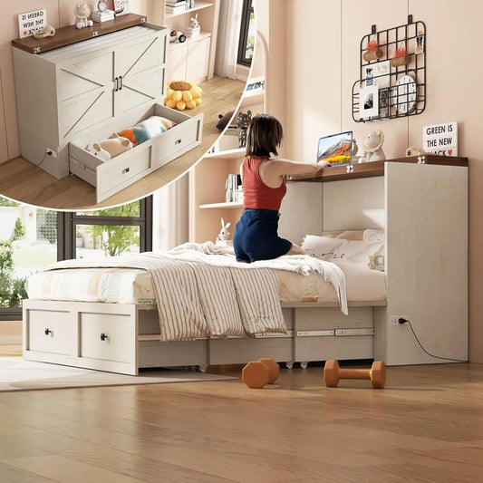 Farmhouse Style Murphy Bed with Storage, Foldable Panel, and Charging Station for Quiet Guest Bedroom