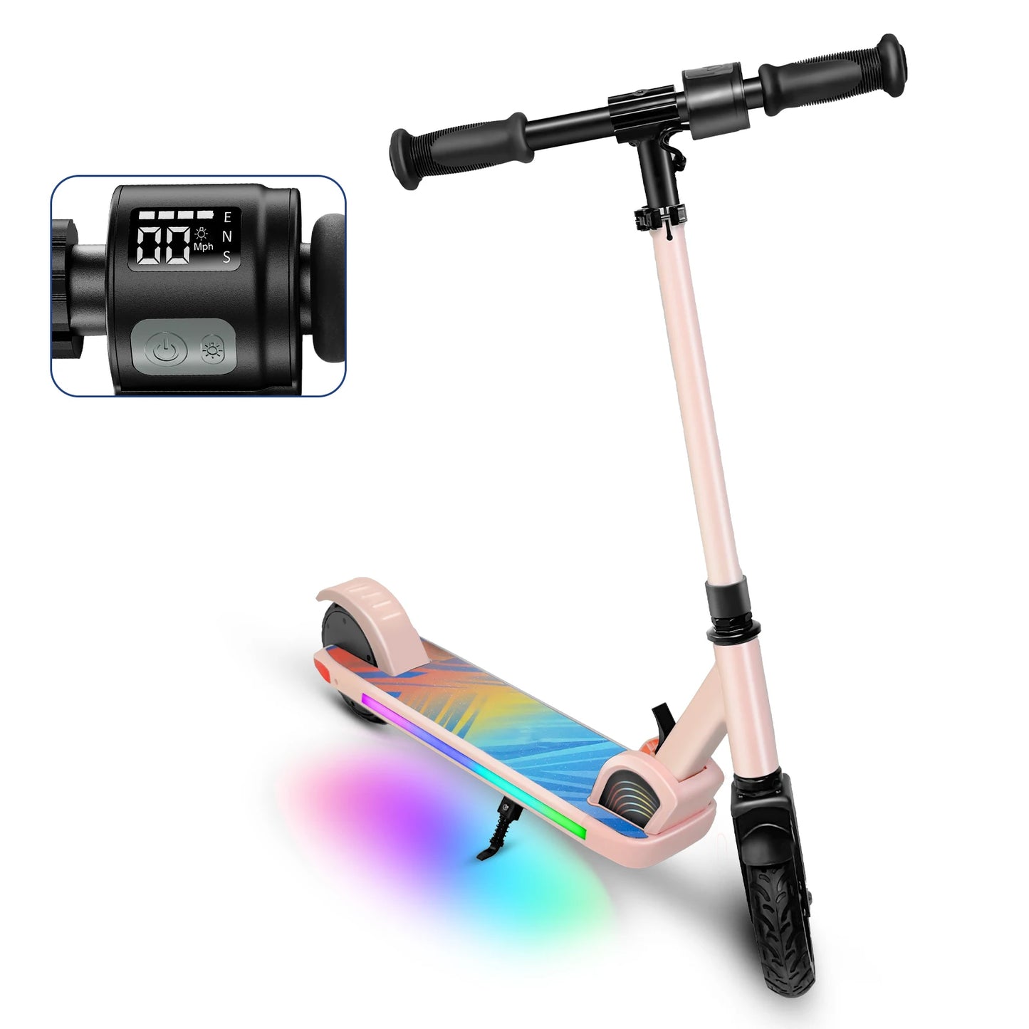Kids Electric Scooter for Ages 6-14,150W Motor,4 Adjustable Height&Speed,LED Display&Colorful Lights,Best Gifts for Girls&Boys
