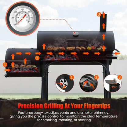 Outdoor Charcoal BBQ Grill and Smoker with Large Cooking Space - Barrel Combo for Backyard Cooking