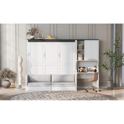 Queen Murphy Bed with Sofa, Desk, and Storage Cabinet - Space-Saving Foldable Design for Small Spaces