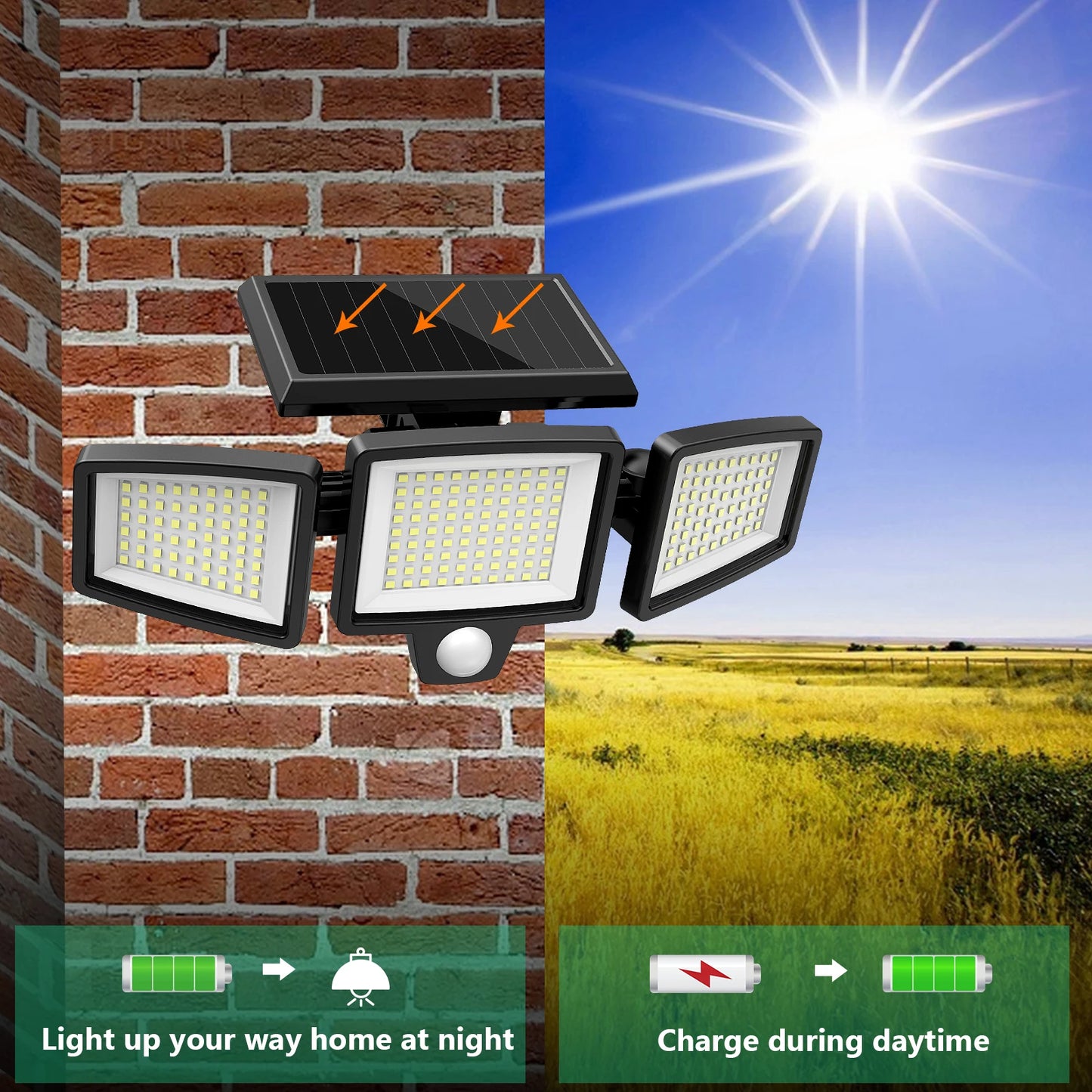 Three-Head Outdoor Solar Light, Motion Sensor Security Light for Porches, Garages, Yard Entrances and Patios