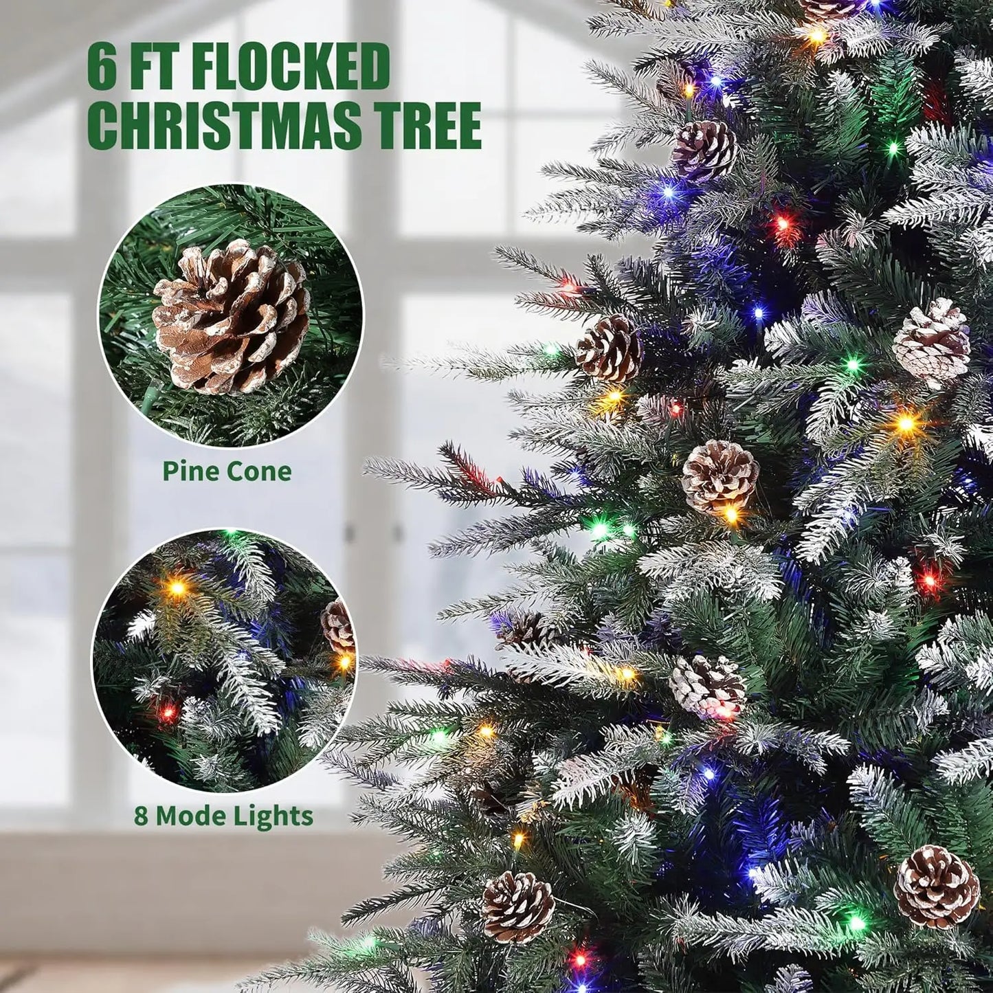 6Ft/7.5Ft/9Ft Pre-Lit Snow Flocked Christmas Tree 8-Modes LED Lights Prelit Artificial Tree With Fake Pine Cones For Home Decor