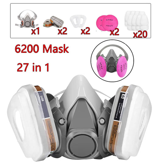 27in1 6200 Half Face Dust Gas Mask Respirator For Industrial Paint Spray Chemical Organic Vapor With Filters Protection
