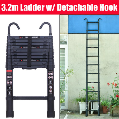 NEW! Stronger Black Telescopic Ladders 10.5FT-20.3FT Folding Aluminium with Detachable Hooks Extendable Steps Non-Slip Home Tool