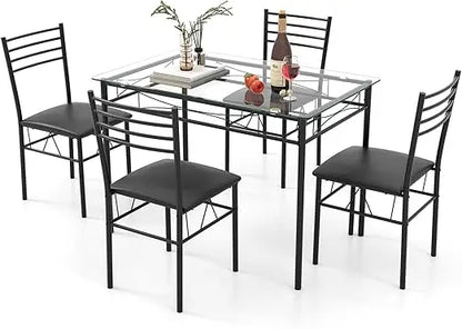 5 Piece Dining Table Set, Kitchen Dining Set with Tempered Glass Table Top and 4 Upholstered Chairs, Dinette Set for 4 for Brea