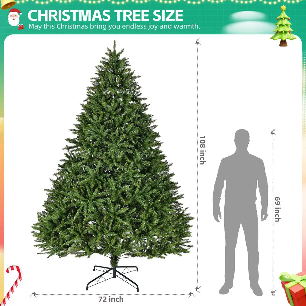 9ft Unlit Hinged Christmas Tree, 3655 Tips, Metal Stand, Easy Assembly. Ideal for Festivals.