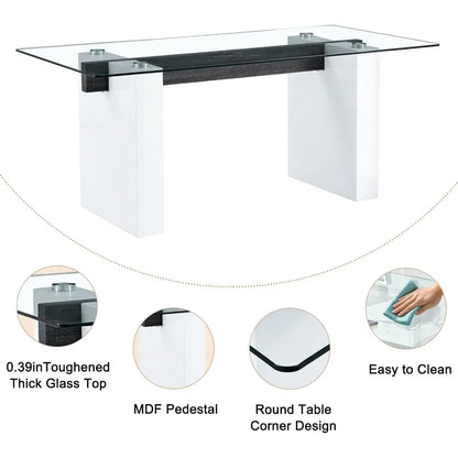 71" Glass Dining Table Set for 6, 7 Piece Dining Table Set with Tempered Glass Top & 6 White PU Leather Ergonomic Chairs, Modern