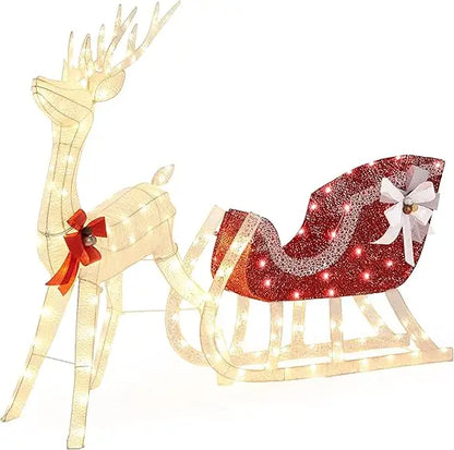 Yaheetech Pre-lit Reindeer & Sleigh Set, 4ft Light-up Christmas Decorations Set w/ 360 LED Lights/Stakes/ZipTies for Outdoor/Ind