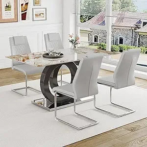 Modern Dining Table Set for 4 ，5 Piece Dining Table Chairs Set for 4,Glass Table Top and MDF Base，Rectangular Dining Room Table