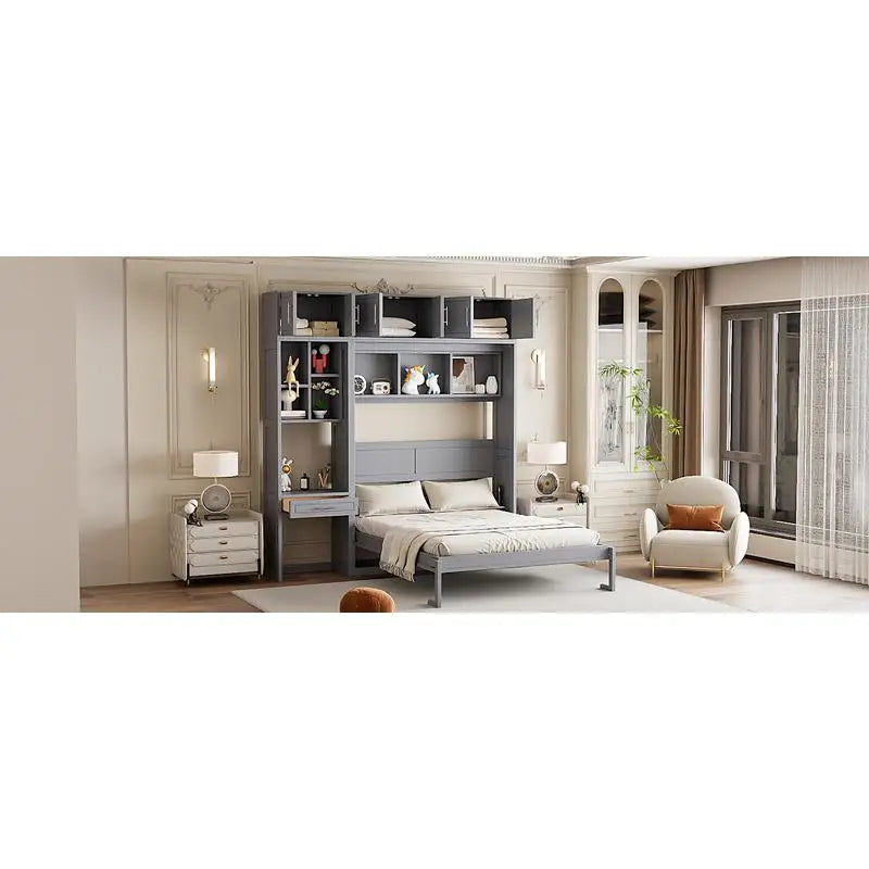 Queen Murphy Bed with Desk, Top Cabinet & Storage Shelves - Space Saving Foldable Bed in Gray