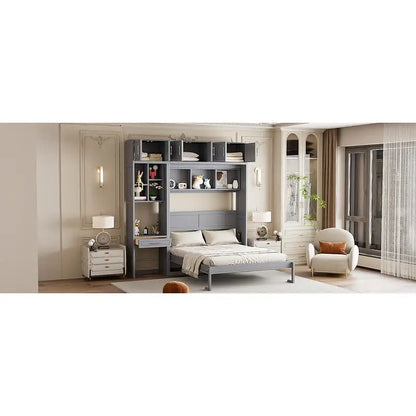 Queen Murphy Bed with Desk, Top Cabinet & Storage Shelves - Space Saving Foldable Bed in Gray